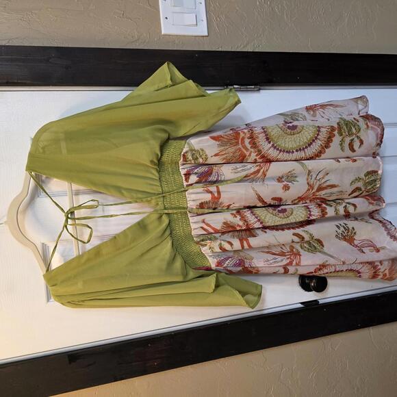 Anthro A'Reve Women's Mini Dress w/ Green Sheer Sleeves & Floral Skirt- Medium - Picture 4 of 8